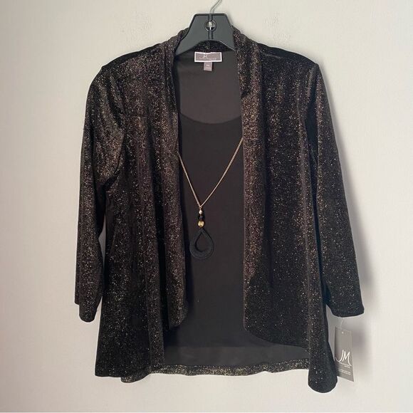 JM Collection Petites Shone Story Champagne Lurex Sparkly Black Blouse PS - Picture 1 of 3